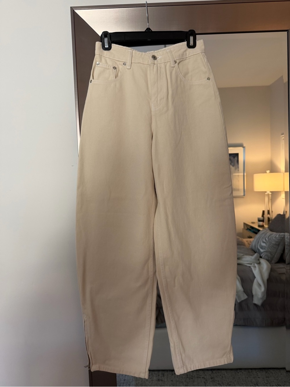 1 State Barrel Leg Relaxed Fit Jeans in Beige with zipper side slits